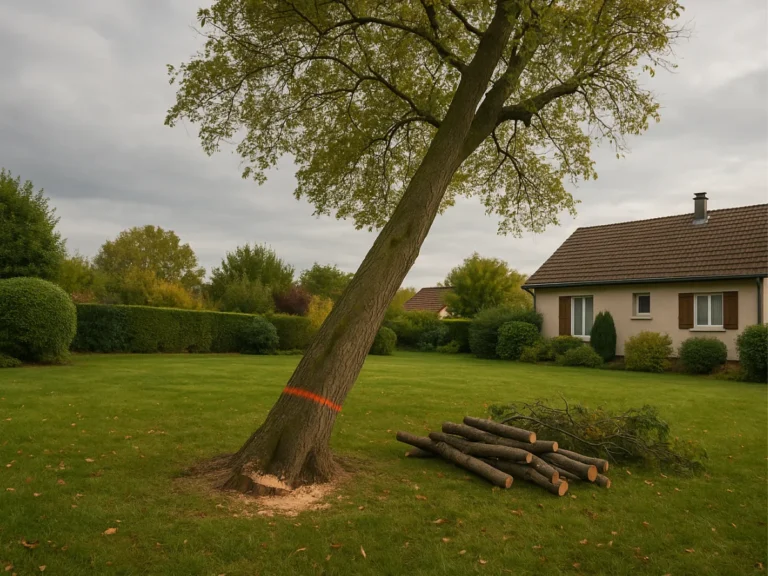 Arbre penché avec marquage rouge à la base et branches déposées au sol près d’une maison – Abattage d’arbres – Élagage Belfort