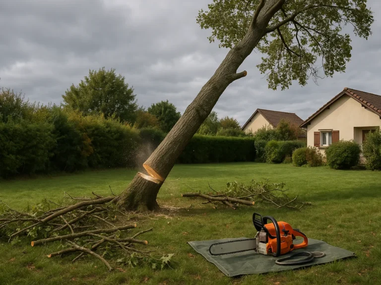 Arbre sur le point de tomber avec coupe fraîche à la base et tronçonneuse posée sur une bâche – Abattage d’arbres – Élagage Belfort