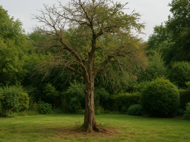 Gros plan sur un arbre desséché et sans feuillage, situé au centre d’un jardin – Abattage d’arbres – Élagage Belfort