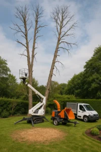 Deux arbres morts entourés d’une nacelle, d’un broyeur et d’un camion dans un jardin à Montbéliard