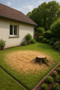 Souche d’un arbre abattu proche d’une maison avec toit dégagé à Beaucourt