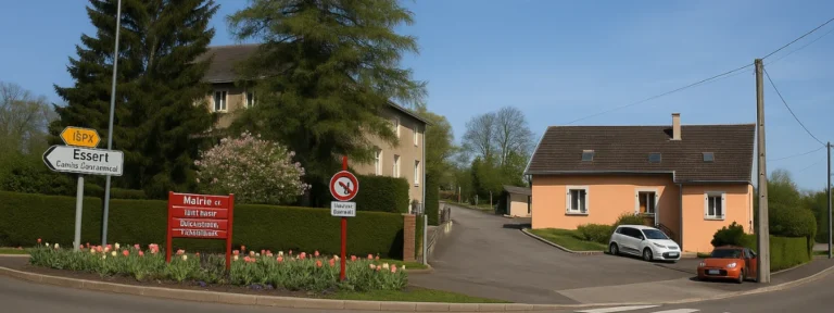 Vue d’un quartier résidentiel à Bavilliers avec massifs de tulipes, haies taillées et maison claire – Bavilliers – Élagage Belfort