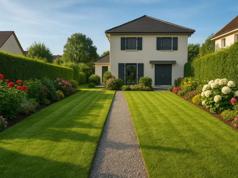 Maison moderne avec jardin fleuri, haies taillées et pelouse impeccablement tondue à Belfort