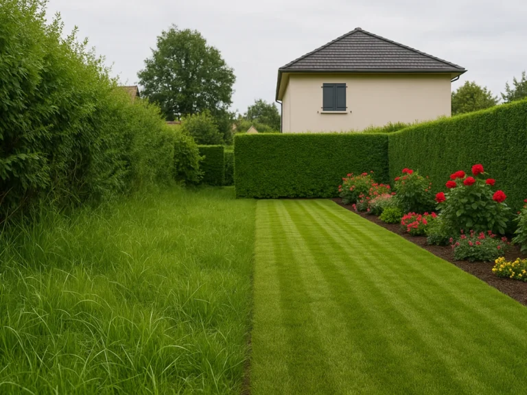 Comparaison entre pelouse haute et pelouse tondue avec haies taillées dans un jardin résidentiel à Belfort