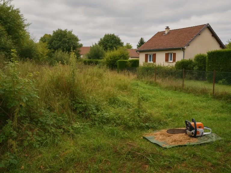 Jardin envahi par les herbes hautes et broussailles, avec tronçonneuse posée près d’une souche – Débroussaillage – Élagage Belfort