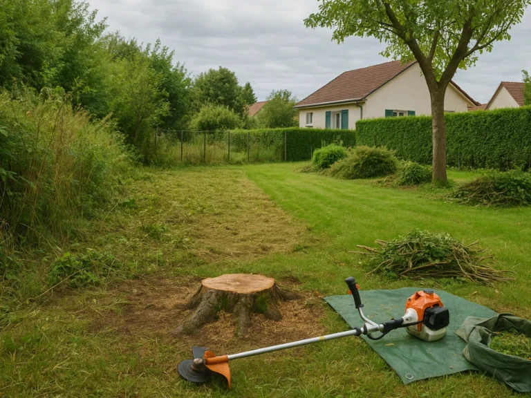 Terrain semi-nettoyé avec débroussailleuse posée sur bâche, tas de végétaux en cours de ramassage – Débroussaillage – Élagage Belfort