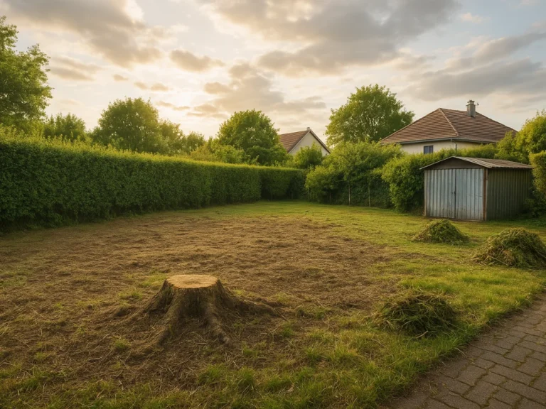 Terrain dégagé avec souche visible, herbes coupées rassemblées en tas et cabanon en fond – Débroussaillage – Élagage Belfort