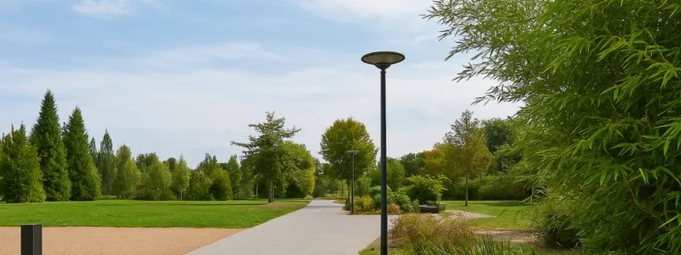 Vue sur un parc paysager à Delle avec chemin piéton, arbres variés, pelouse et végétation soignée – Delle – Élagage Belfort