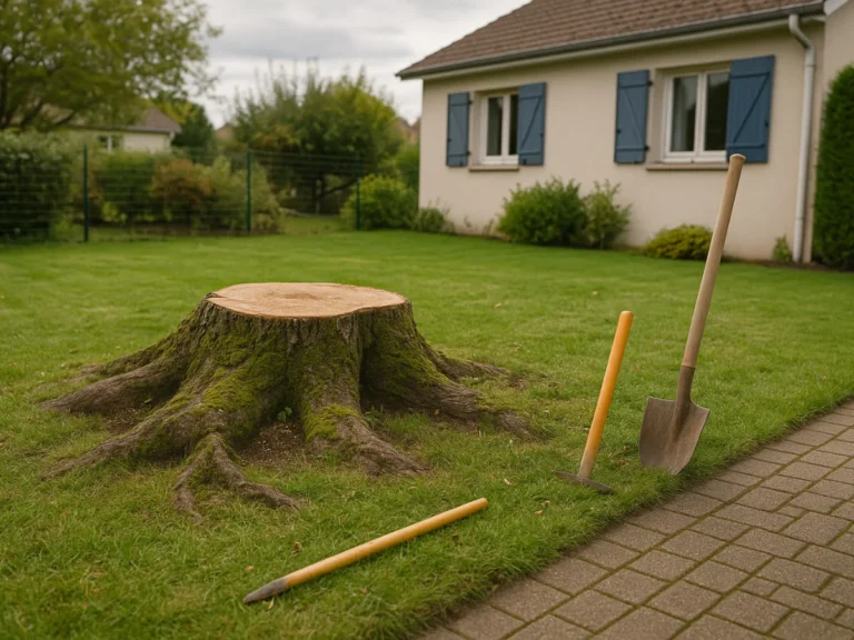 Grosse souche d’arbre entourée de trois outils de dessouchage posés sur la pelouse – Dessouchage et rognage de souches – Élagage Belfort
