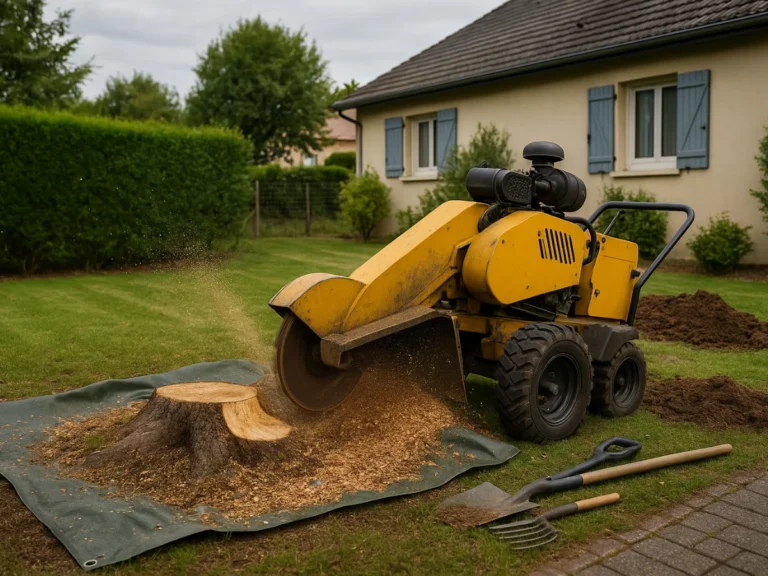 Machine rogneuse jaune en train de broyer une souche dans un jardin résidentiel – Dessouchage et rognage de souches – Élagage Belfort