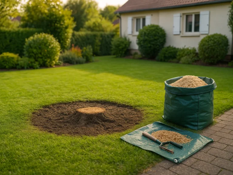 Souche aplatie au ras du sol, copeaux dans un sac de jardinage à côté – Dessouchage et rognage de souches – Élagage Belfort