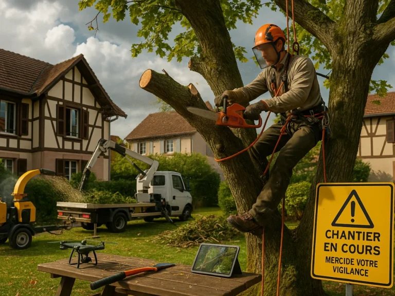 Élagueur en harnais découpant une branche d’arbre avec tronçonneuse, nacelle et broyeur en fond – Élagage d’arbres – Élagage Belfort