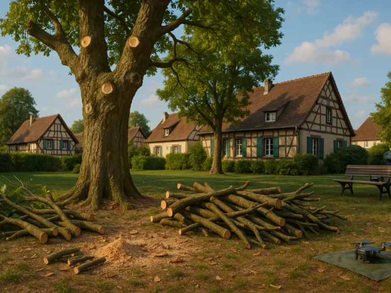 Gros plan sur tronc élagué avec branches découpées et tas de bois au sol – Élagage d’arbres – Élagage Belfort
