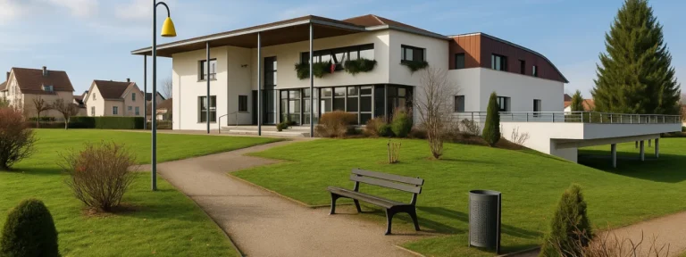 Mairie contemporaine d’Essert entourée de pelouses tondues, arbustes taillés et banc public – Essert – Élagage Belfort