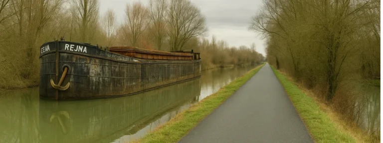 Ancienne péniche amarrée sur le canal à Étupes, bordée d’une piste cyclable entourée d’arbres en hiver – Étupes – Élagage Belfort