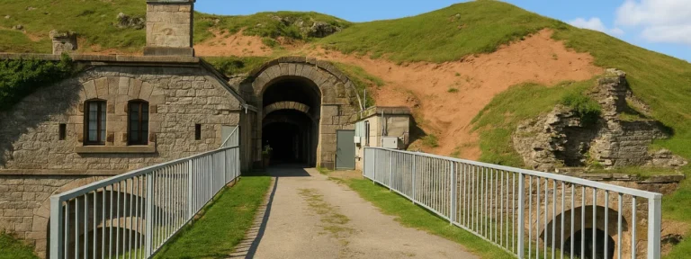Entrée du Fort Dorsner à Giromagny, encastrée dans une colline herbeuse, avec passerelle en pierre et garde-corps métalliques – Giromagny – Élagage Belfort