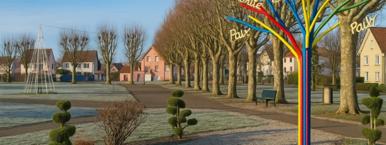 Allée d’arbres bordée de maisons à Grand-Charmont avec sculpture multicolore marquant "Paix" et arbustes taillés – Grand-Charmont – Élagage Belfort