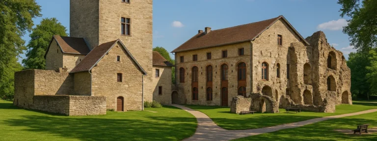 Ensemble architectural du château d’Héricourt, partiellement restauré, entouré de pelouses et d’arbres – Héricourt – Élagage Belfort