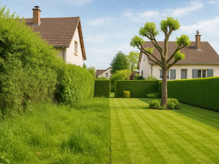 Comparatif visuel d’un jardin non entretenu et d’un espace parfaitement taillé avec haies et arbre élagué – Elagage Belfort (90)