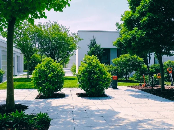 Jardin moderne entretenu avec arbustes taillés et allée propre – Élagage Belfort
