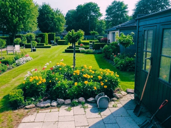 Jardin entretenu avec pelouse tondue, massifs fleuris et allées nettes – Élagage Belfort