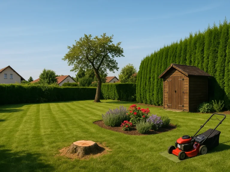 Jardin avec cabanon en bois, pelouse tondue et fleurs en massifs bordés, tondeuse en cours d’intervention – Paysagiste à Belfort – Élagage Belfort