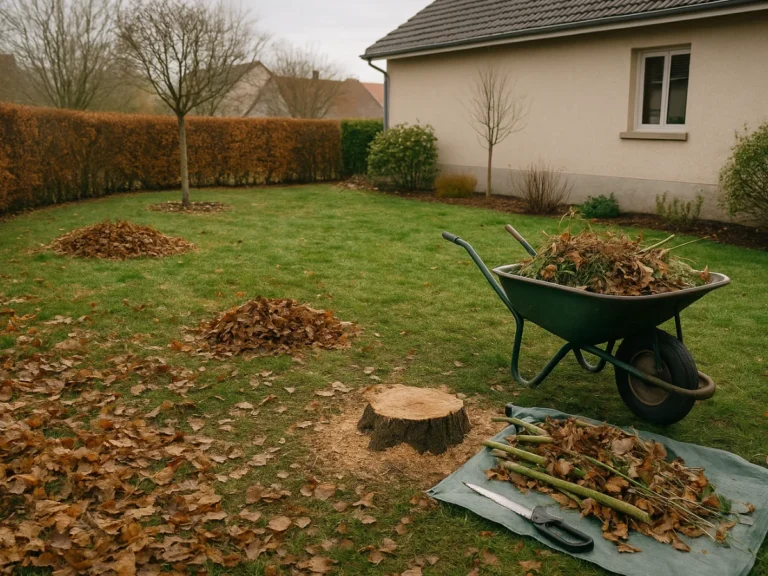 Brouette pleine de feuilles mortes, tas de végétaux et souche d’arbre sur pelouse entretenue – Paysagiste à Belfort – Élagage Belfort