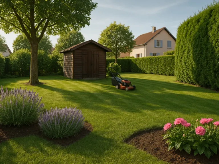 Jardin résidentiel avec pelouse rayée, souche visible et massifs de fleurs bien agencés – Paysagiste à Belfort – Élagage Belfort