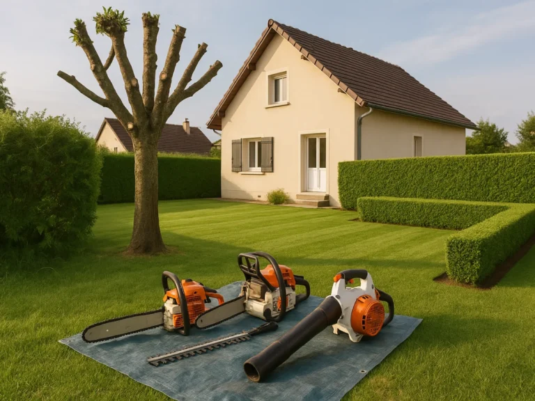 Arbre sévèrement élagué dans un jardin résidentiel, avec tronçonneuses et souffleur posés au sol – Élagage Belfort (90)