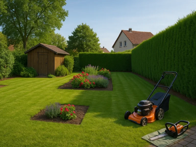 Jardin parfaitement tondu avec massif fleuri, cabanon en bois et tondeuse visible au premier plan – Élagage Belfort (90)