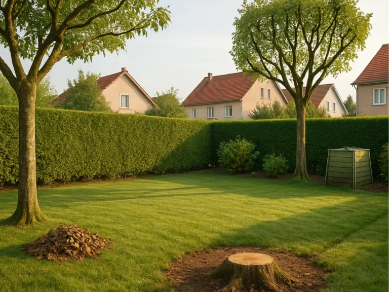 Souche visible après abattage, dans un jardin résidentiel au calme – Elagage Belfort (90)