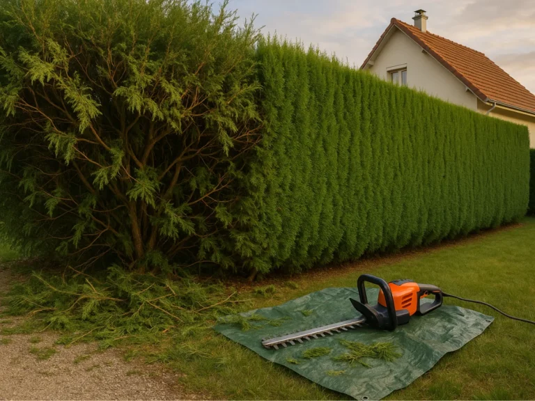 Haie en cours de taille avec branches coupées au sol et taille-haie électrique posé sur bâche – Taille de haies – Élagage Belfort