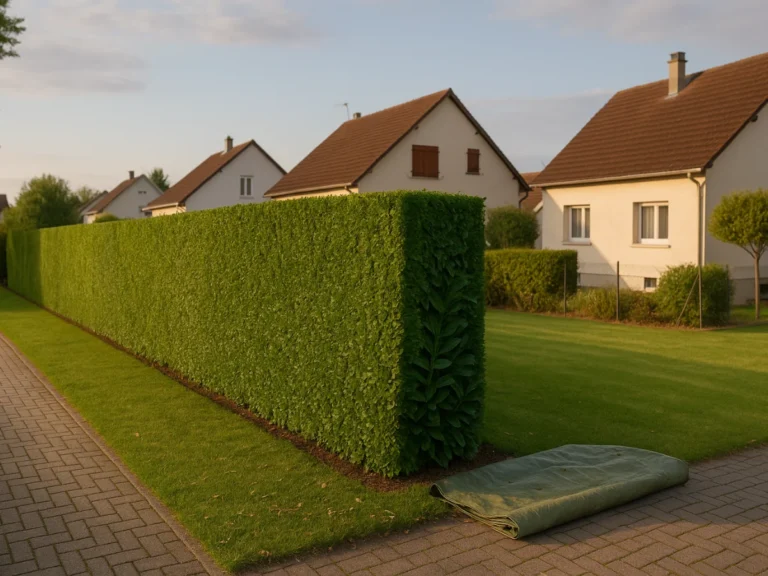 Haie dense et parfaitement droite entre plusieurs maisons après une taille précise – Taille de haies – Élagage Belfort