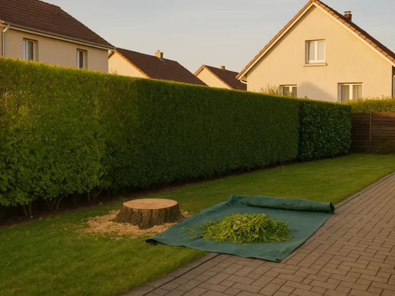 Haie fraîchement coupée, souche au sol et feuillage rassemblé sur bâche – Taille de haies – Élagage Belfort