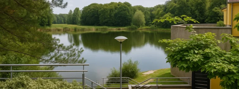 Plan d’eau entouré d’arbres à Valdoie, photographié depuis une terrasse avec rambardes métalliques et bâtiment moderne – Valdoie – Élagage Belfort