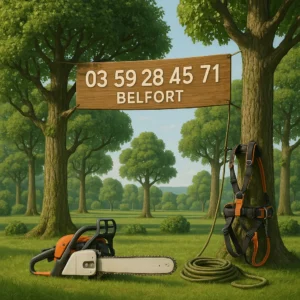 Tronçonneuse, harnais d’élagueur et corde posés dans une forêt entretenue avec une pancarte affichant le numéro 03 59 28 45 71 – À propos – Élagage Belfort